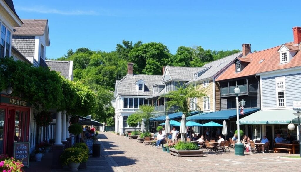 Dock Square in Kennebunkport, showing local shops and dining options.